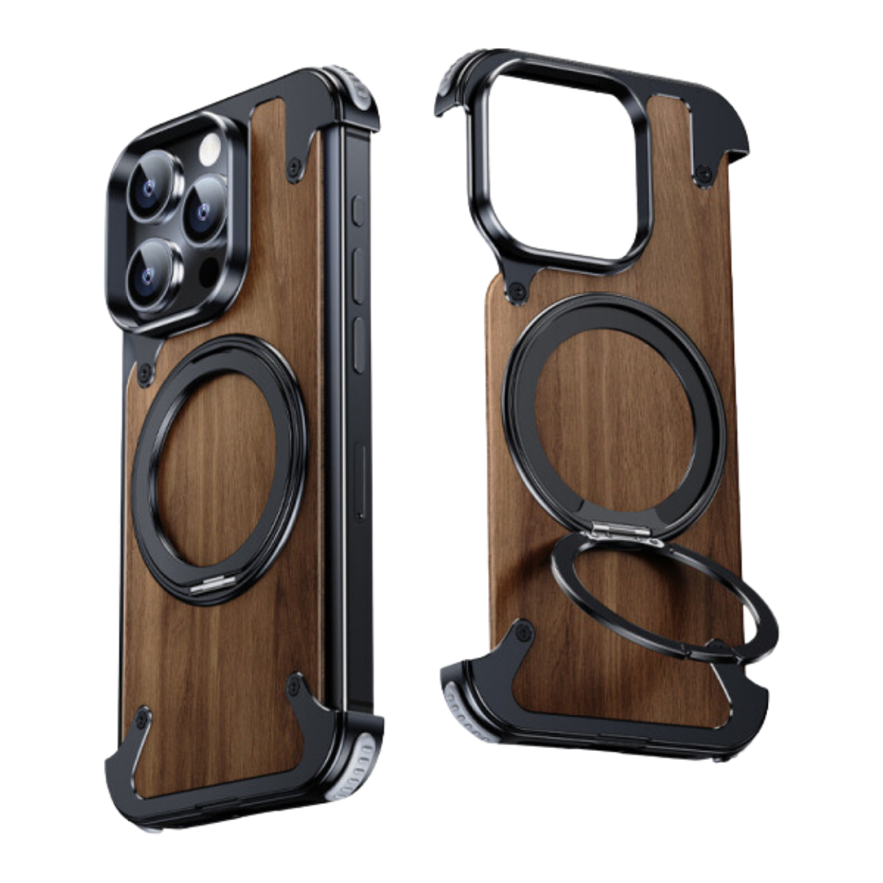 iPhone hoes van natuurlijk hout met draaibare standaard