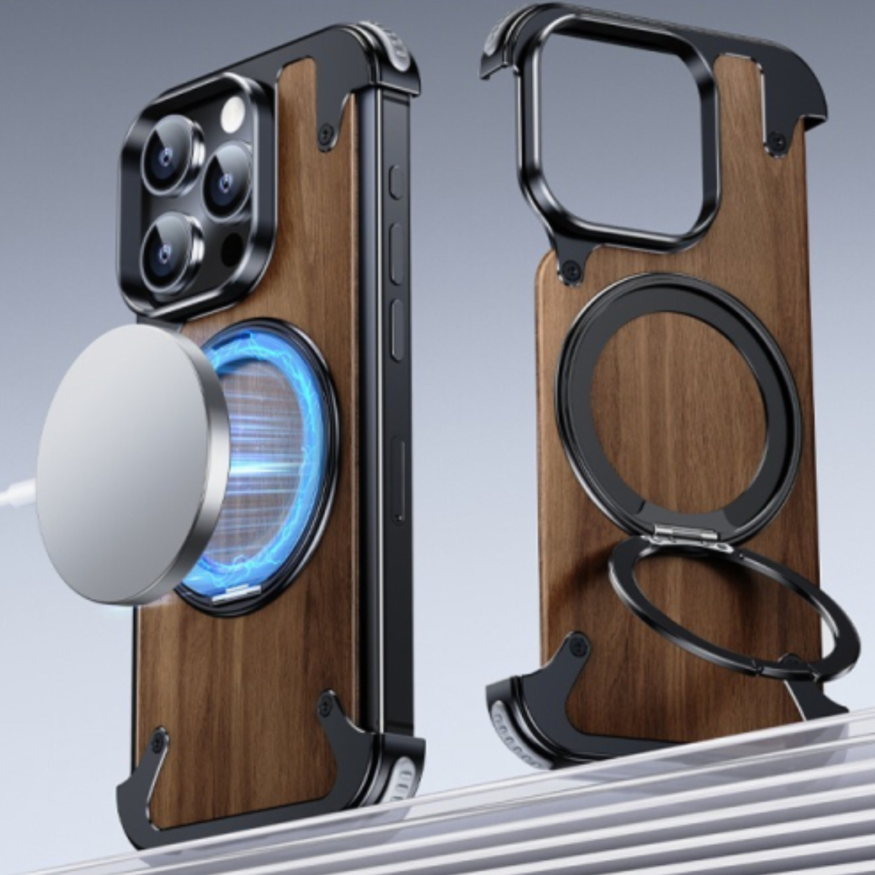 iPhone hoes van natuurlijk hout met draaibare standaard