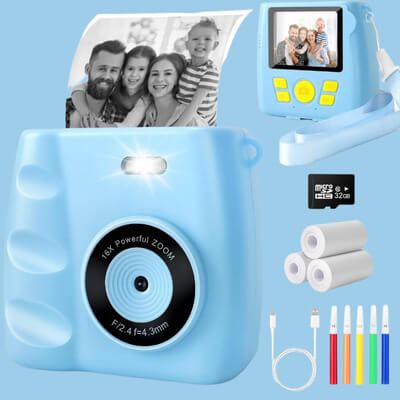Marcherelle™ – Appareil Photo Instantané Enfant 1080p Bleu avec Carte SD 32Go